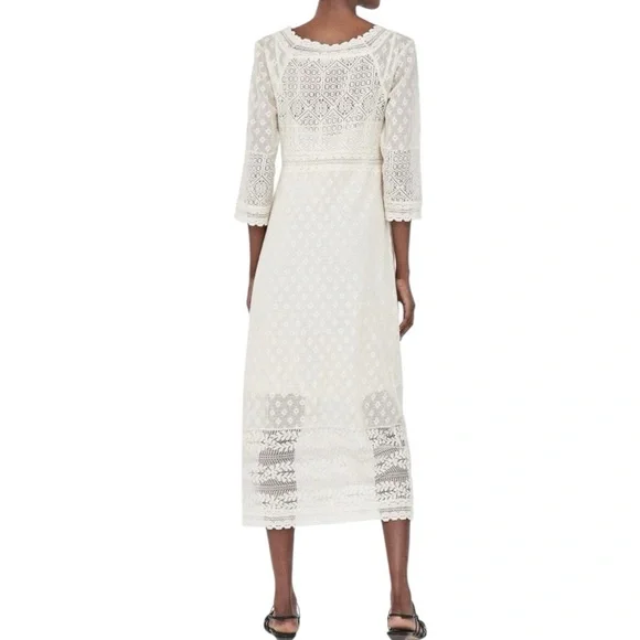 ZARA IVORY CREAM CROCHET LACE MIDI DRESS SIZE US SMALL - Picture 2 of 14